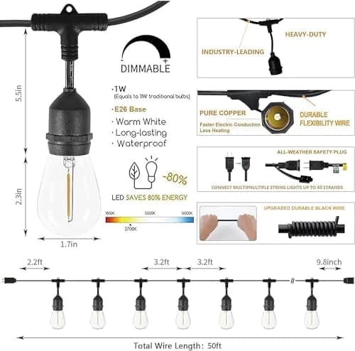 Svater Outdoor String Lights 105 FT Waterproof Commercial Grade ETL | Bright White 80LM, Dimmable, Heavy Duty thumbnail 6