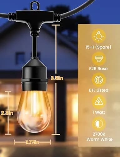 Svater Outdoor String Lights 50 FT Warm White Waterproof LED E26 | Commercial Grade & Dimmable thumbnail 4