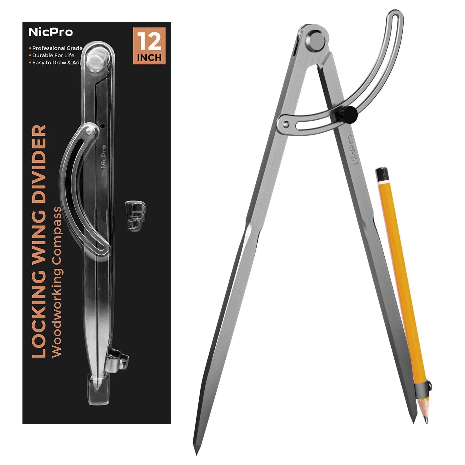 Nicpro 12 Inch Woodworking Compass with Wing & Pencil Holder | Professional Carpenter Tool for Geometry, Drawing, Drafting - main product image