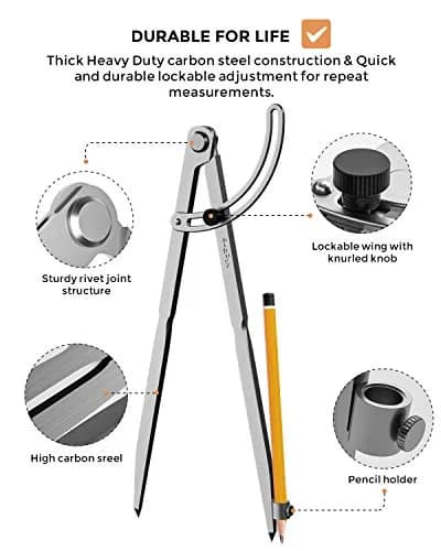 Nicpro 12 Inch Woodworking Compass with Wing & Pencil Holder | Professional Carpenter Tool for Geometry, Drawing, Drafting thumbnail 3
