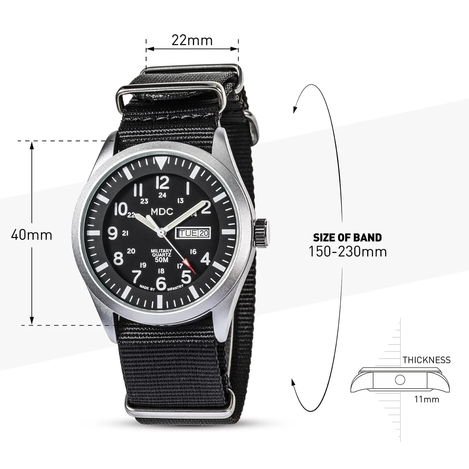 Infantry Military Field Watch 40mm Black Nylon Band | Easy-Read Analog Dial - view 7