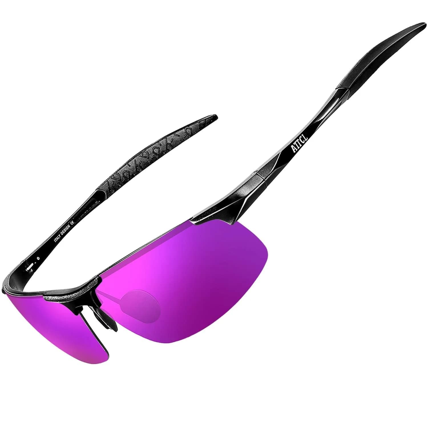 ATTCL Polarized Sports Sunglasses for Men - 2026-Black-Purple Mirrored Lens, UV Protection, Wrap Around Lightweight Metal Frame (64mm Lens Width) - main product image