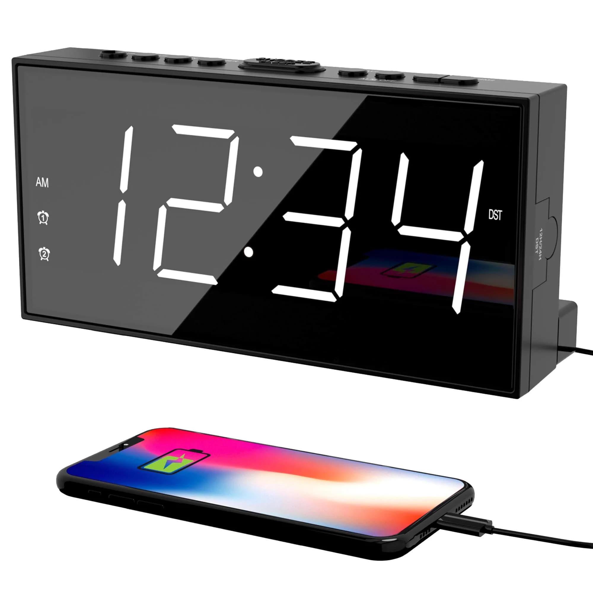 PPLEE Digital Alarm Clock with 7.5-Inch Large LED Display & Dual Alarms | White, Plug-In with USB Charging - main product image