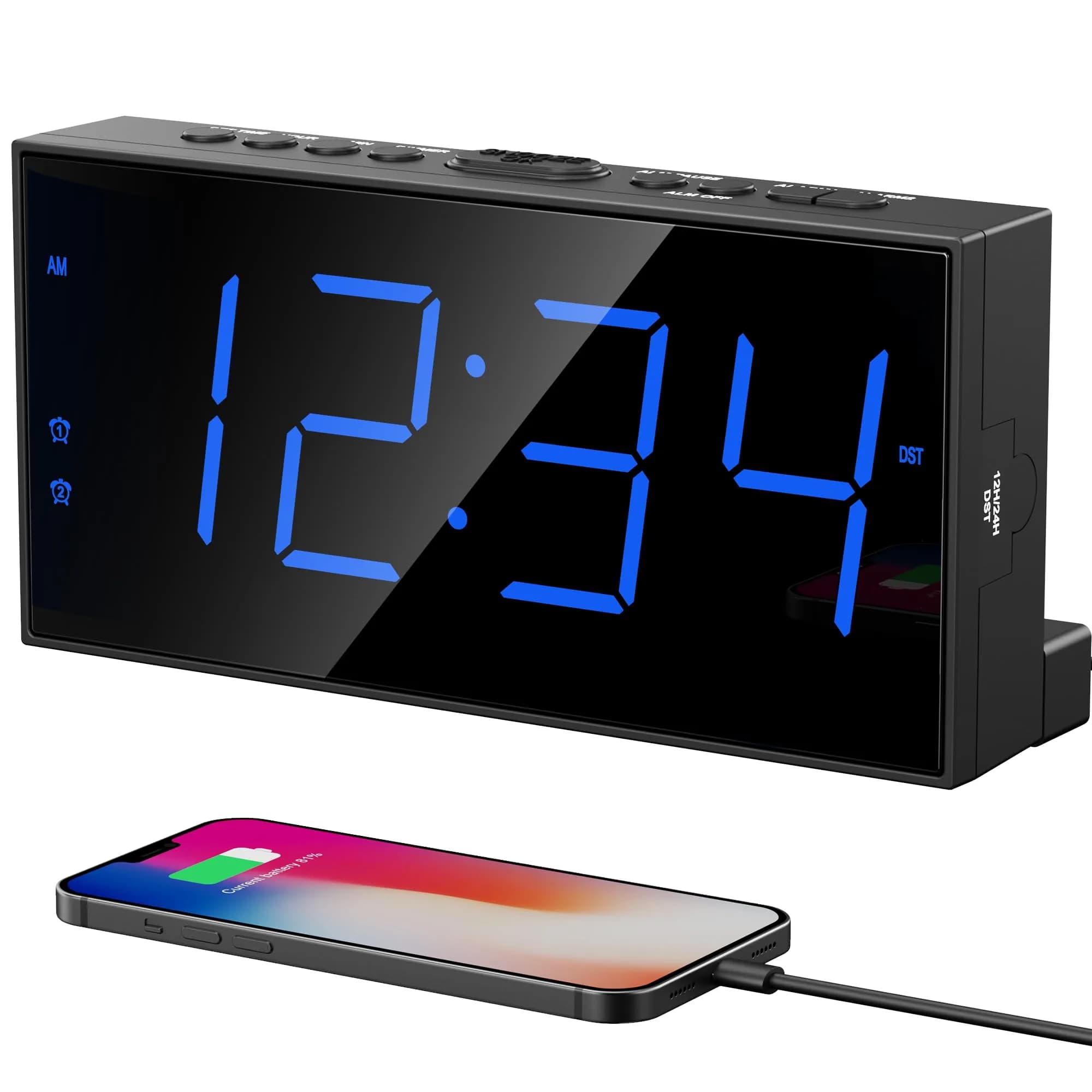 PPLEE Digital Alarm Clock with 7.5-Inch Large LED Display & Dual Alarms | White, Plug-In with USB Charging — Blue / With Basic Digits