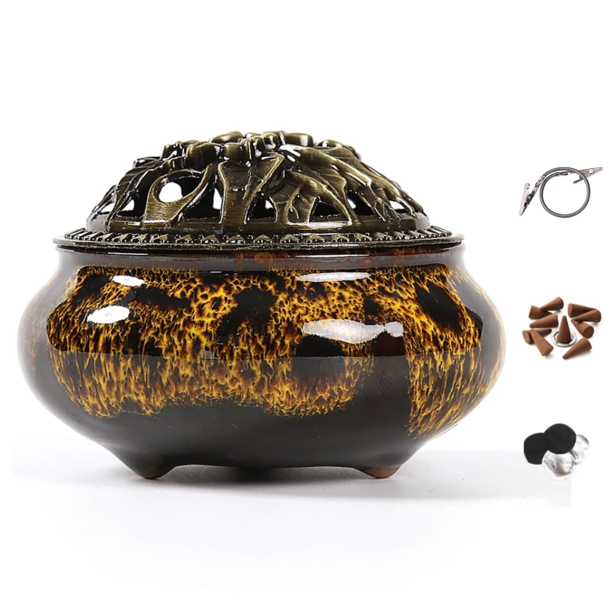 LamDawn Fambe Yellow Ceramic Incense Burner with Calabash Holder | Meditation & Relaxation Aid