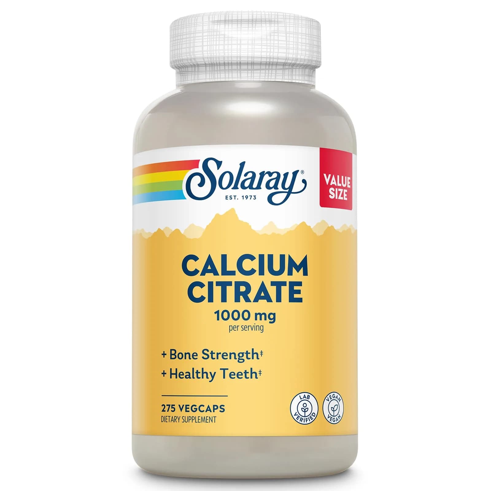 SOLARAY Calcium Citrate 1000 mg 275 VegCaps | Bone & Teeth Support, Gentle Digestion Formula, 68 Servings, Vegan, Lab Verified — Capsule
