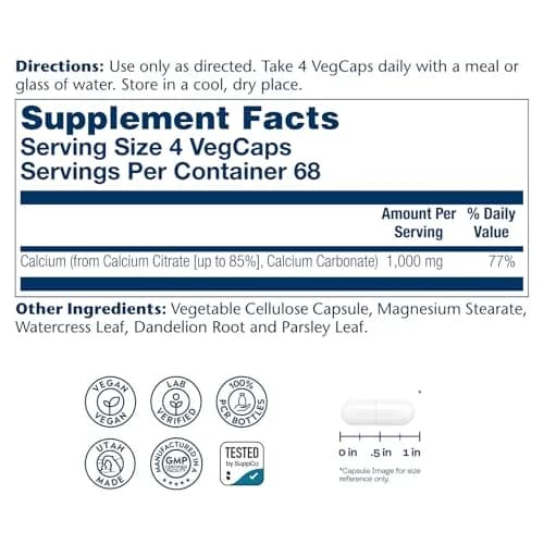 SOLARAY Calcium Citrate 1000 mg 275 VegCaps | Bone & Teeth Support, Gentle Digestion Formula, 68 Servings, Vegan, Lab Verified thumbnail 2