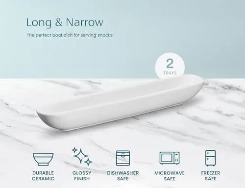 KooK White Ceramic Olive Boat Tray Set of 2 | Narrow Canoe Shape for Appetizers & Cheeses, 36 cm (12") thumbnail 5