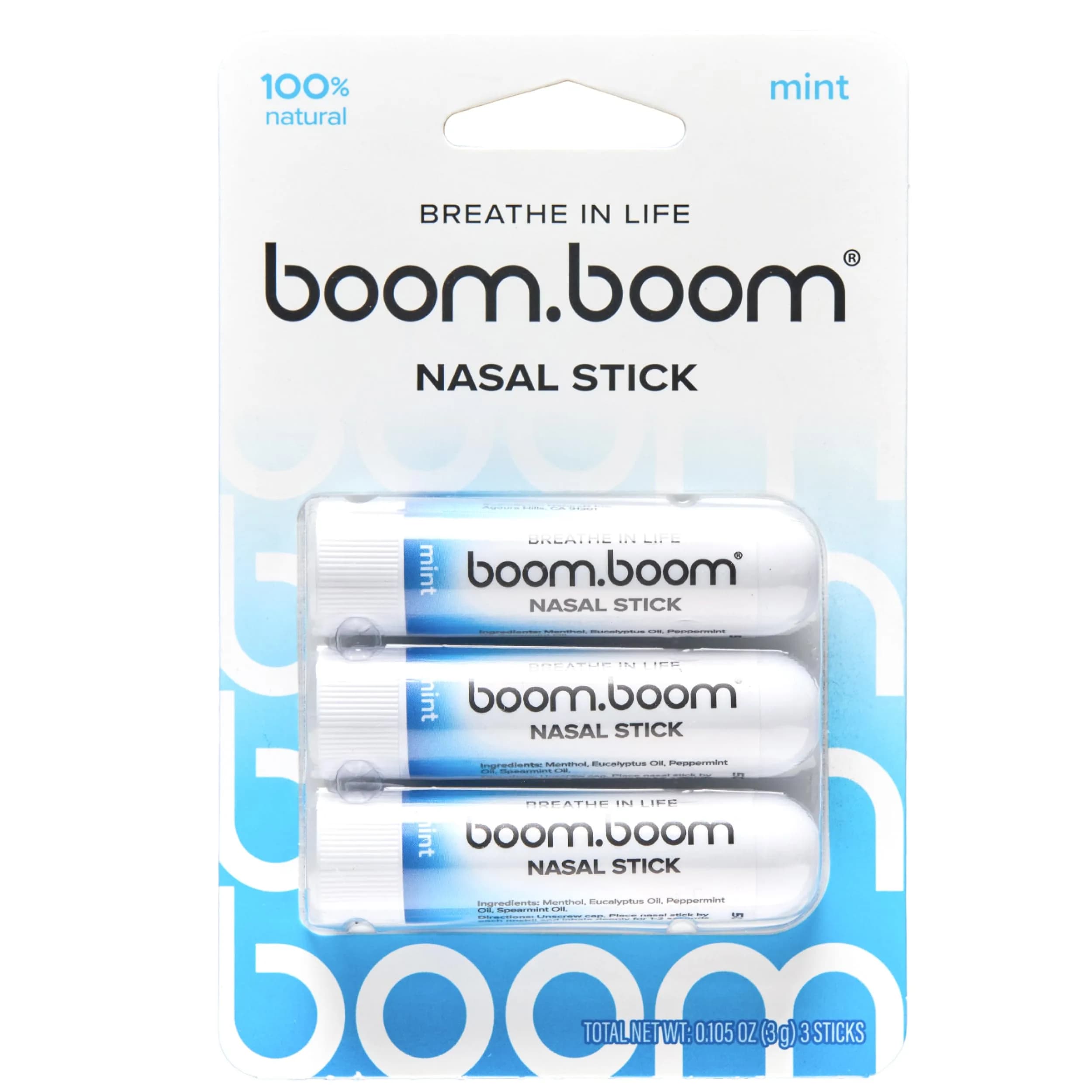 BoomBoom Nasal Stick, Essential Oils + Menthol Inhaler, Mint, 3 Pack | Natural Refreshment for Daily Wellness — Clear