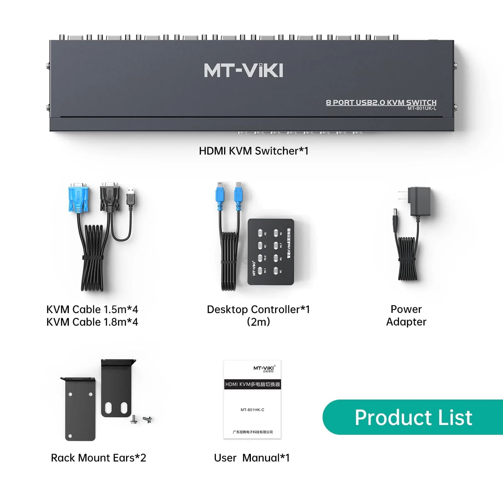 MT-VIKI 8 Port KVM Switch Rackmount VGA with 8 Cables & Power Adapter | Controls 8 Computers from One Console - view 2