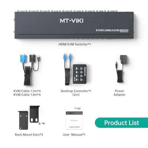 MT-VIKI 8 Port KVM Switch Rackmount VGA with 8 Cables & Power Adapter | Controls 8 Computers from One Console thumbnail 2