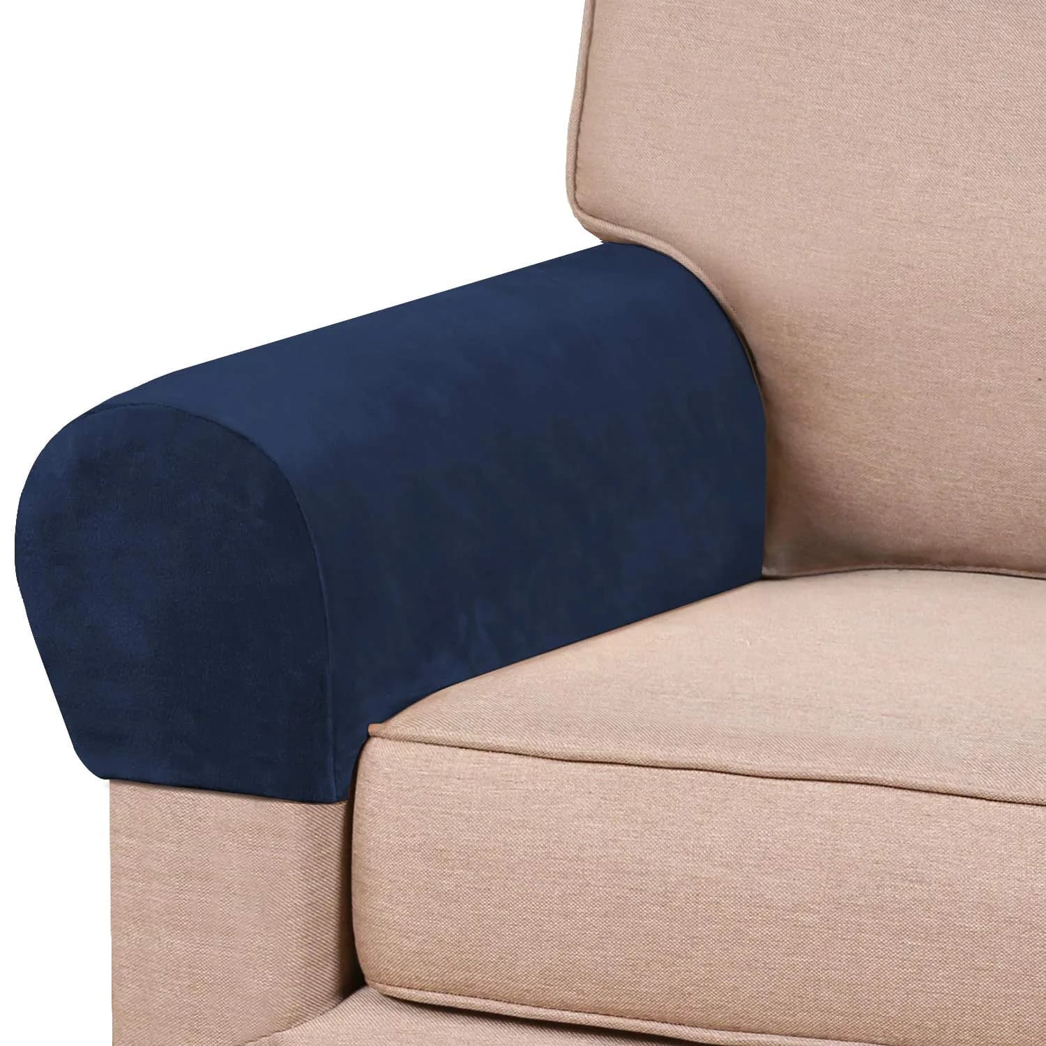 PrinceDeco Velvet Armrest Covers 4 Pack | Non Slip, Navy | Fits Most Chairs & Sofas