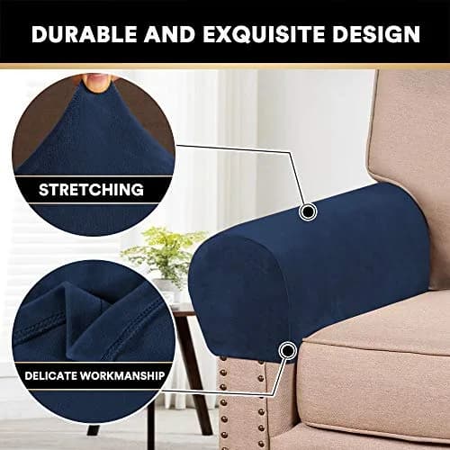PrinceDeco Velvet Armrest Covers 4 Pack | Non Slip, Navy | Fits Most Chairs & Sofas thumbnail 3