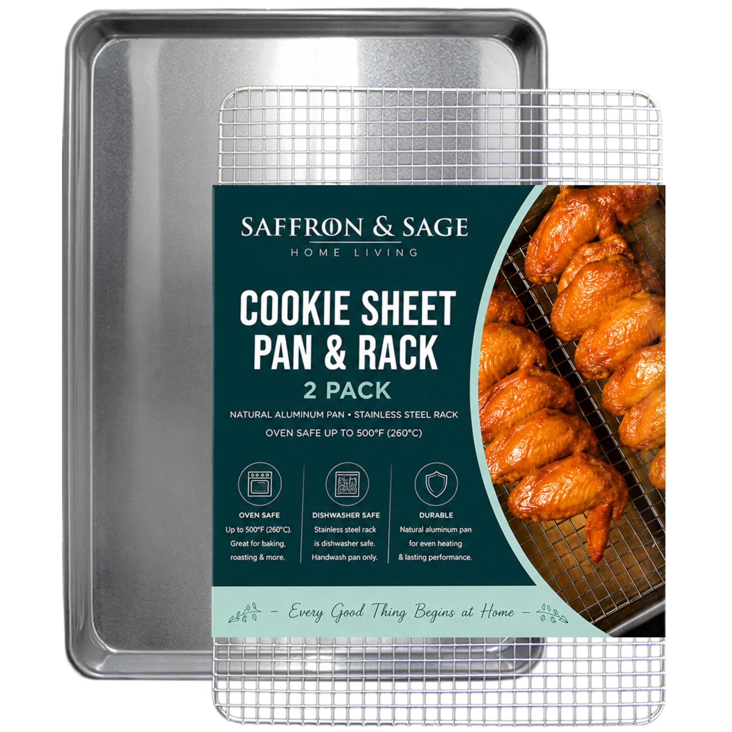 Saffron & Sage Home Living Commercial Quality Cookie Sheet & Rack | Heavy Duty Aluminum Baking & Cooling Set — 1 Cookie Sheet & 1 Rack