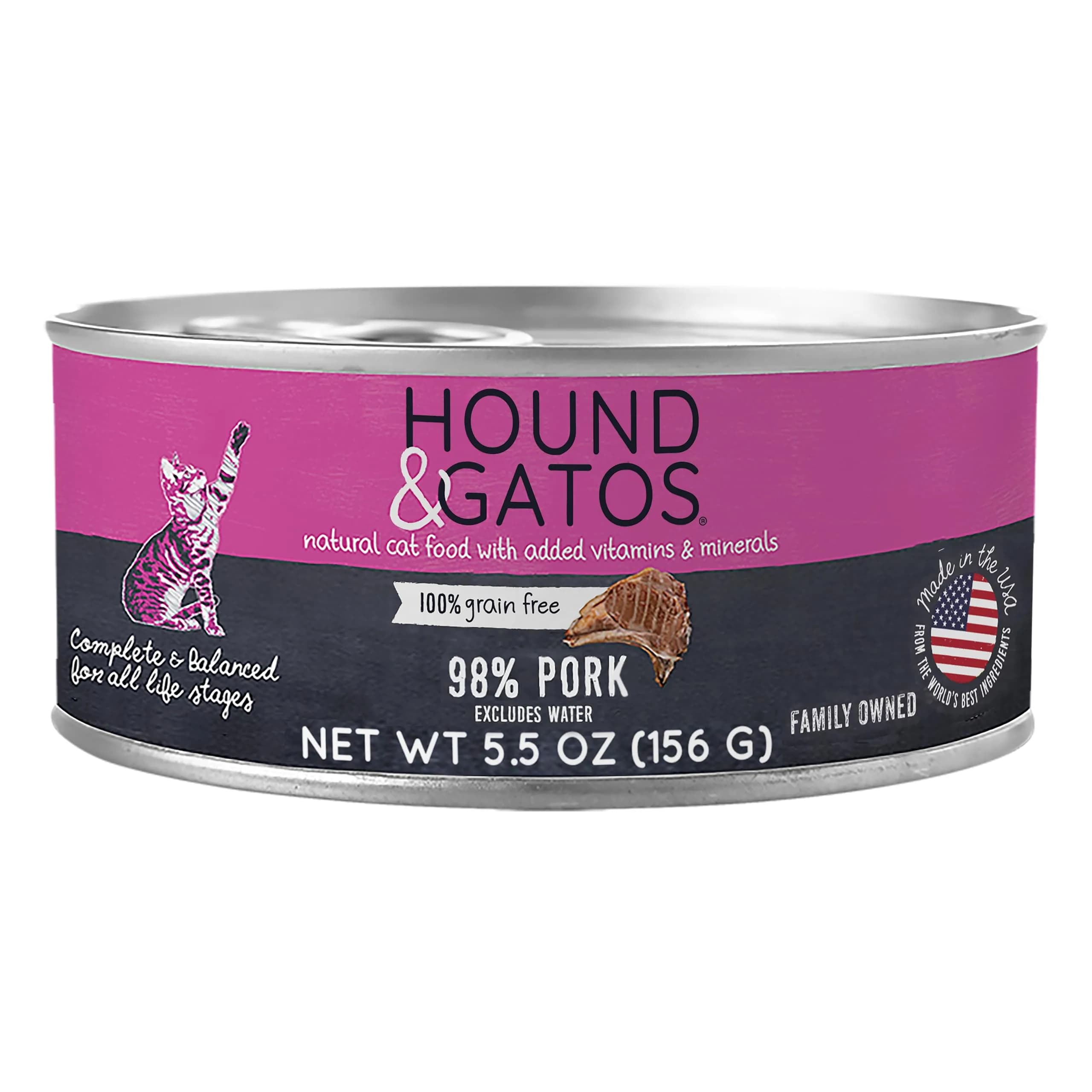 Hound & Gatos Pork Wet Cat Food 5.5 oz Can | 98% Real Meat, Grain-Free, Limited Ingredient for Sensitive Stomachs