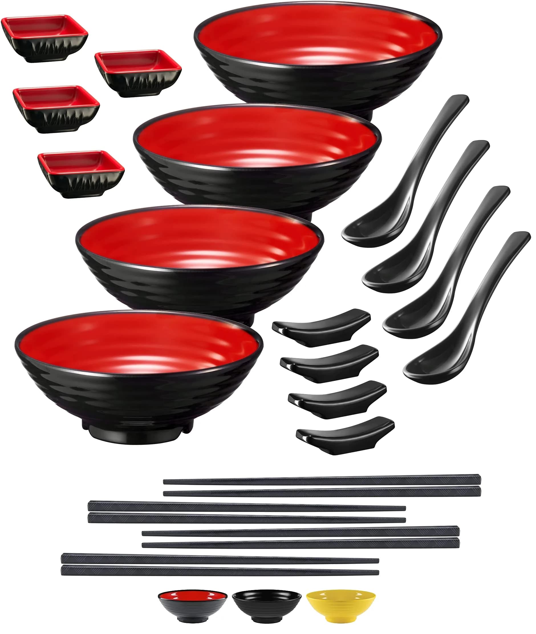 Practimondo 4 Noodle Bowls Set - large 32oz ramen bowl for authentic Asian cuisine with dipping bowls, spoons, chopsticks & stands