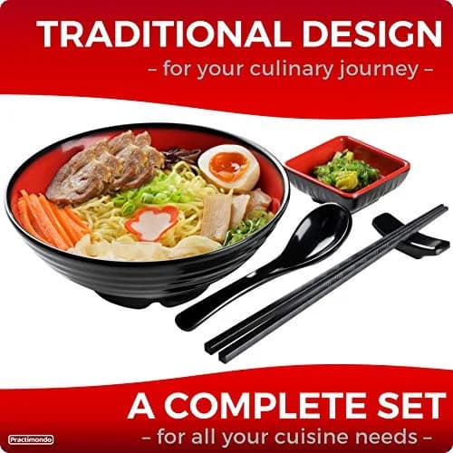 Practimondo 4 Noodle Bowls Set - large 32oz ramen bowl for authentic Asian cuisine with dipping bowls, spoons, chopsticks & stands thumbnail 3