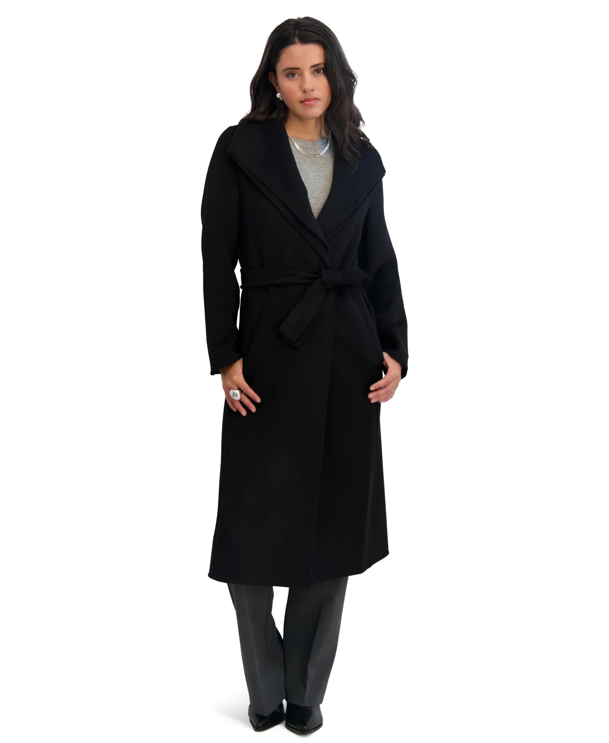 Tahari Women's Slim Fit Double-Faced Wool Blend Wrap Coat with Tie Belt – Long Wool Coat, Ink, Small - main product image