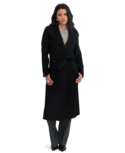 Tahari Women's Slim Fit Double-Faced Wool Blend Wrap Coat with Tie Belt – Long Wool Coat, Ink, Small thumbnail 1