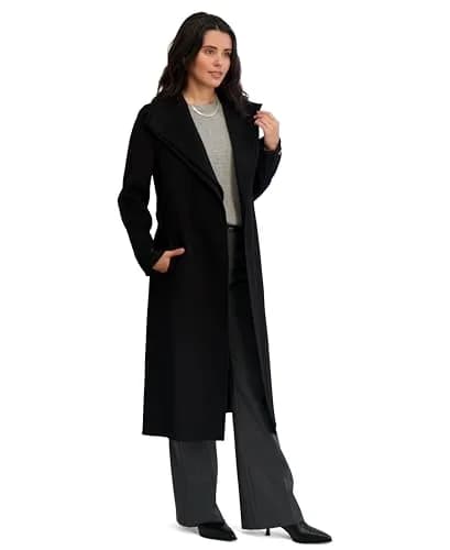 Tahari Women's Slim Fit Double-Faced Wool Blend Wrap Coat with Tie Belt – Long Wool Coat, Ink, Small thumbnail 4