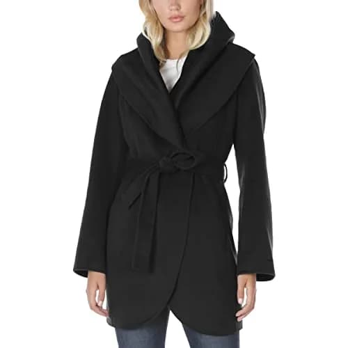 TAHARI Women's Double Face Wool Blend Wrap Coat With Oversized Collar Jacket, Black, Large US | Elegant, Warm & Versatile thumbnail 2