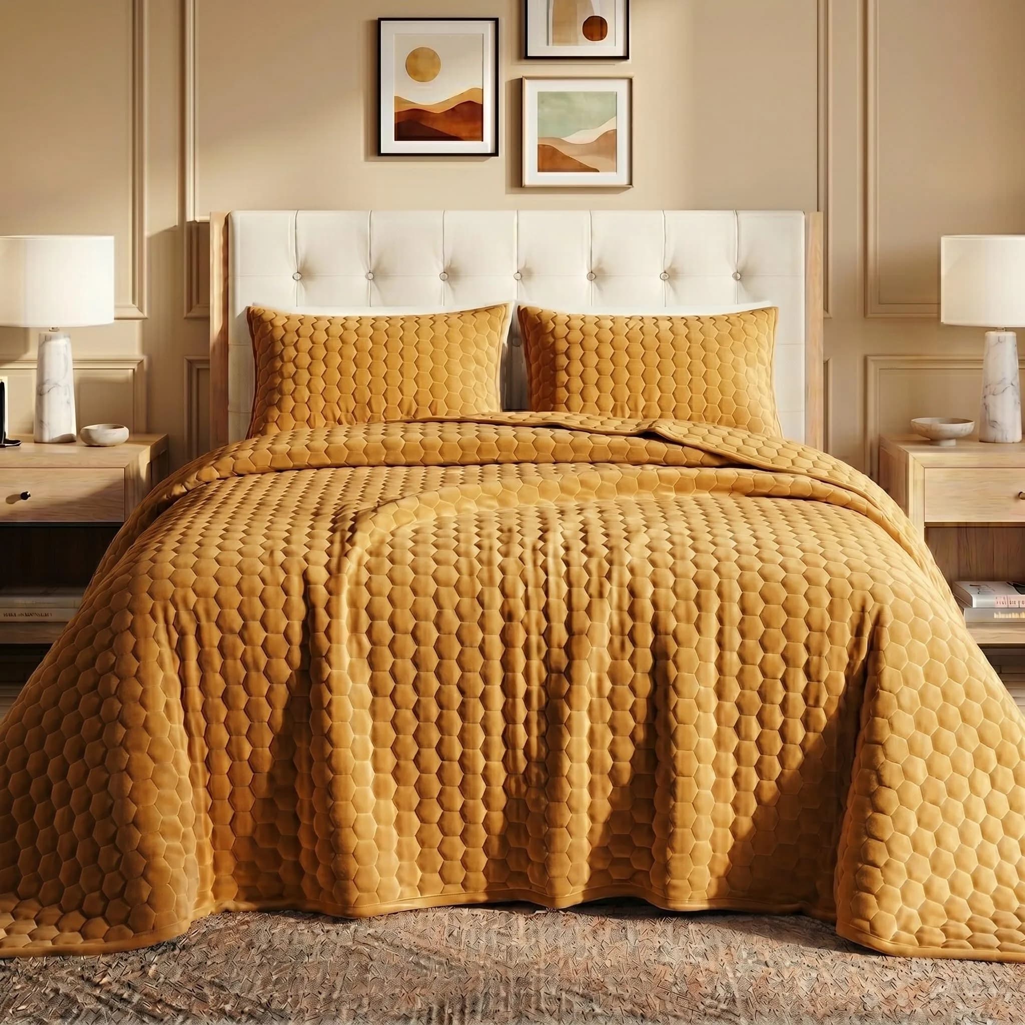 Tribeca Living Lugano Oversized Velvet Quilt Set - All Season, Queen, Honeycomb Pattern, 260GSM
