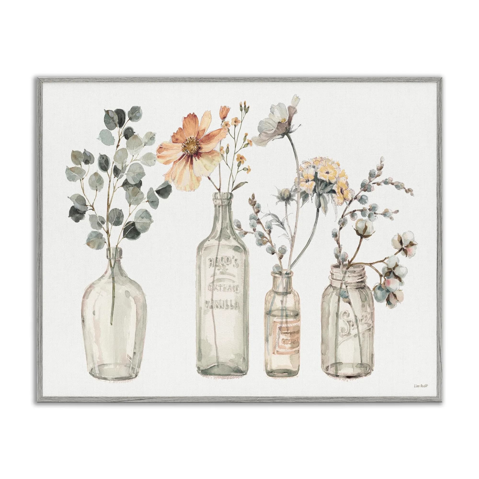 Stupell Industries Antique Floral Bouquets in Jars | 16 x 20 Inch Framed Giclée Print, Watercolor, Shabby Chic — Floral Jars Bouquet