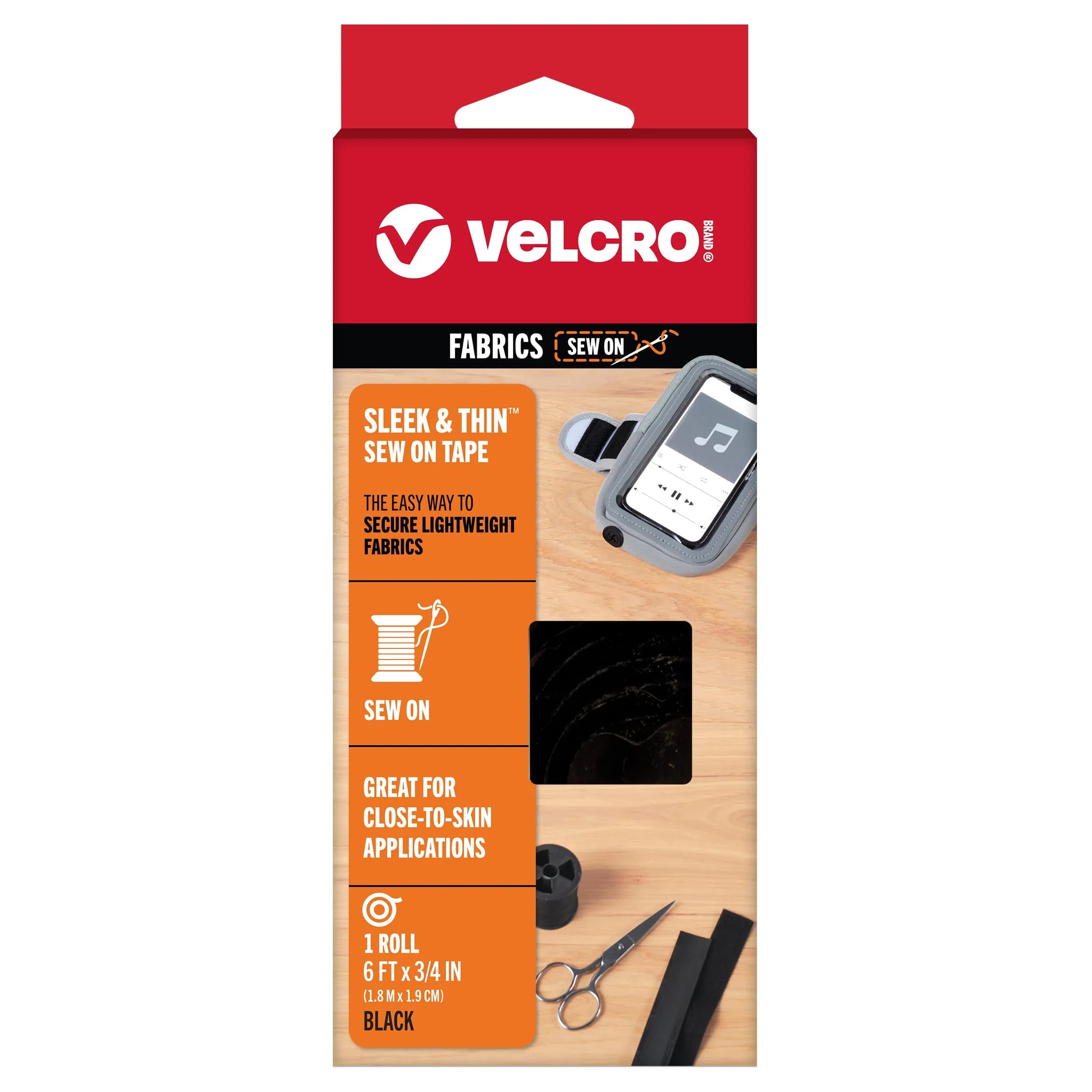 VELCRO Brand Sleek & Thin Fabric Tape, Sew On, 1.9cm (3/4in) x 1.8m (6ft), Black | Soft On Skin, Ultra Light With Sewing Lane Technology; For Clothing Alterations, Costumes And Fabric Crafts - main product image