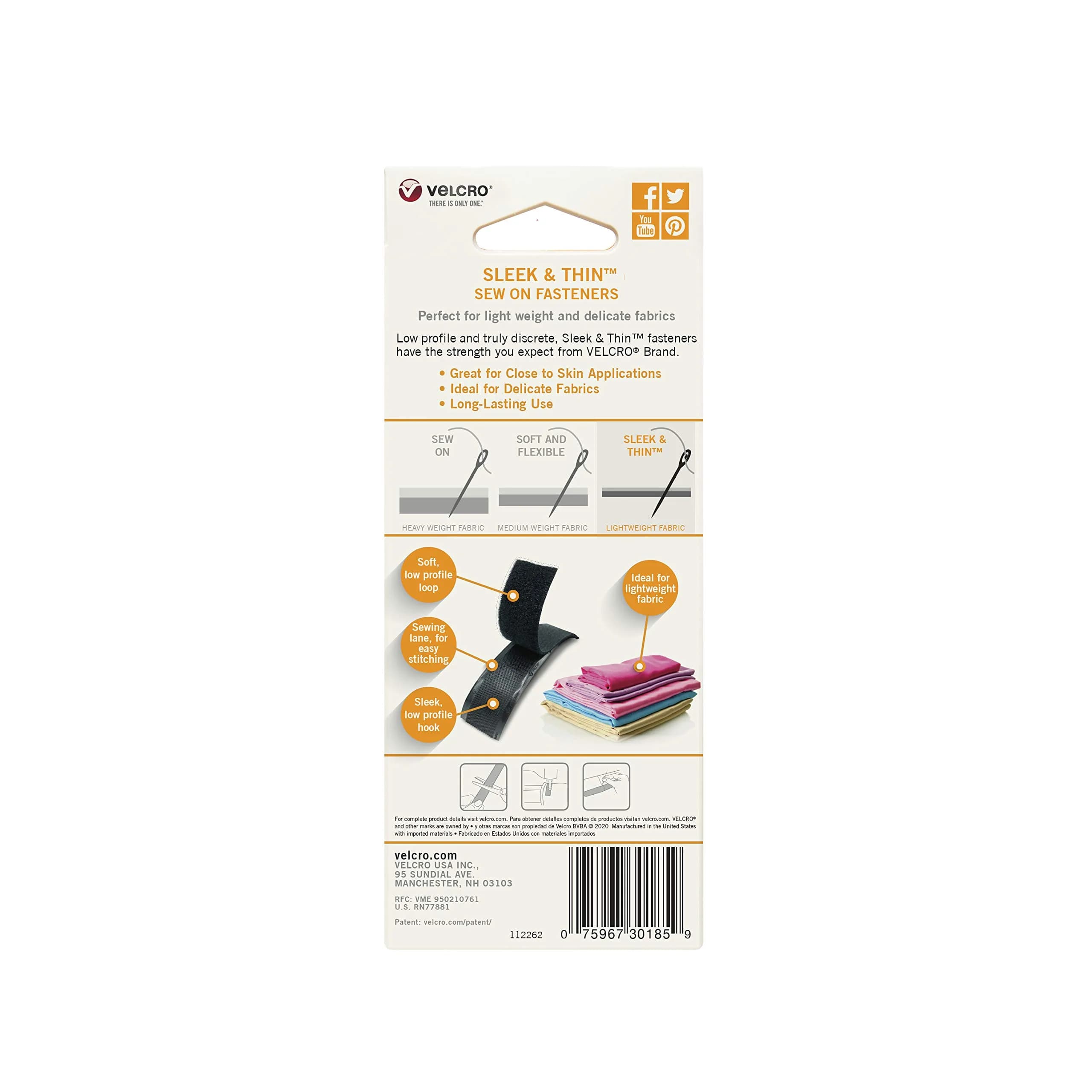 VELCRO Brand Sleek & Thin Fabric Tape, Sew On, 1.9cm (3/4in) x 1.8m (6ft), Black | Soft On Skin, Ultra Light With Sewing Lane Technology; For Clothing Alterations, Costumes And Fabric Crafts - view 6