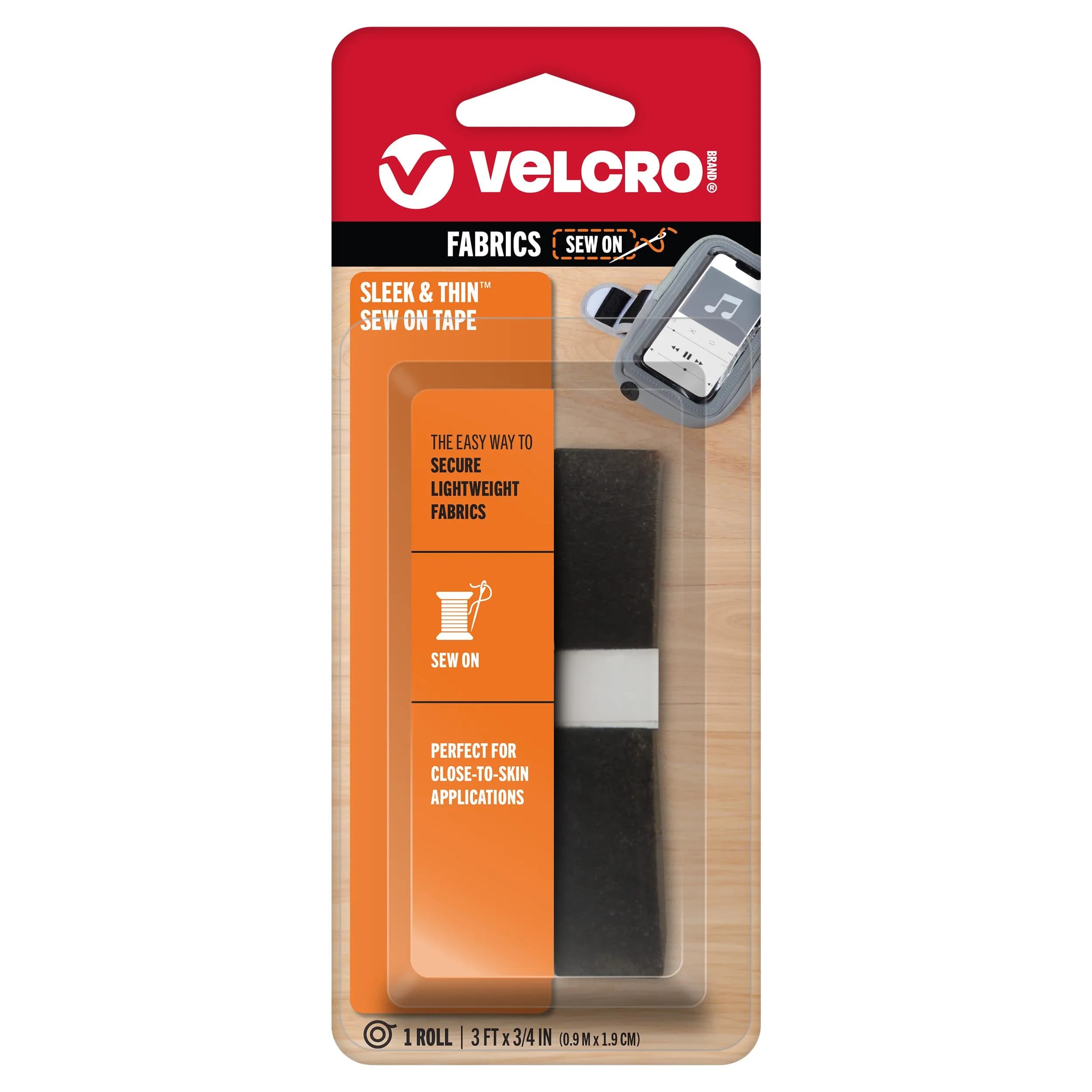 VELCRO Brand Sleek and Thin Fabric Tape, Sew On, 3 ft x 3/4 in (0.91 m x 1.9 cm), Black | Soft On Skin, Ultra Light With Sewing Lane Technology - main product image