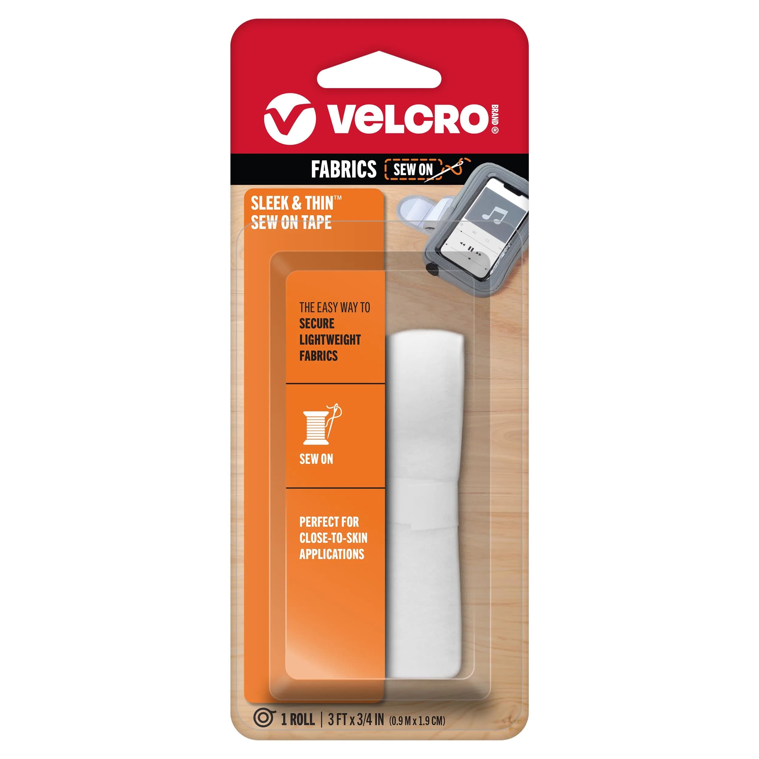 VELCRO Brand Sleek and Thin Sew On Fabric Tape 3ft x 3/4in White | Soft on Skin, Ultra Light with Sewing Lane Technology — White