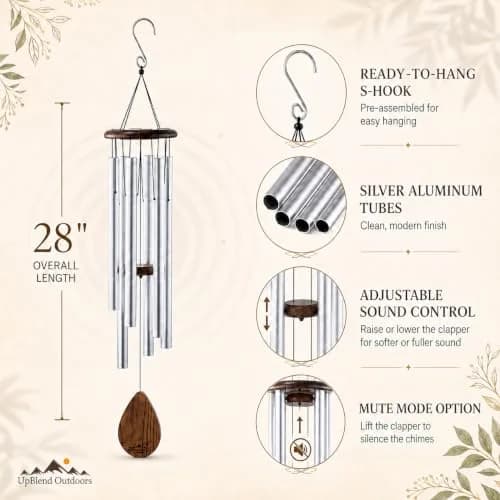UpBlend Outdoors Havasu 28" Silver Aluminum Wind Chime | Hand-Tuned E Major Pentatonic Scale thumbnail 3