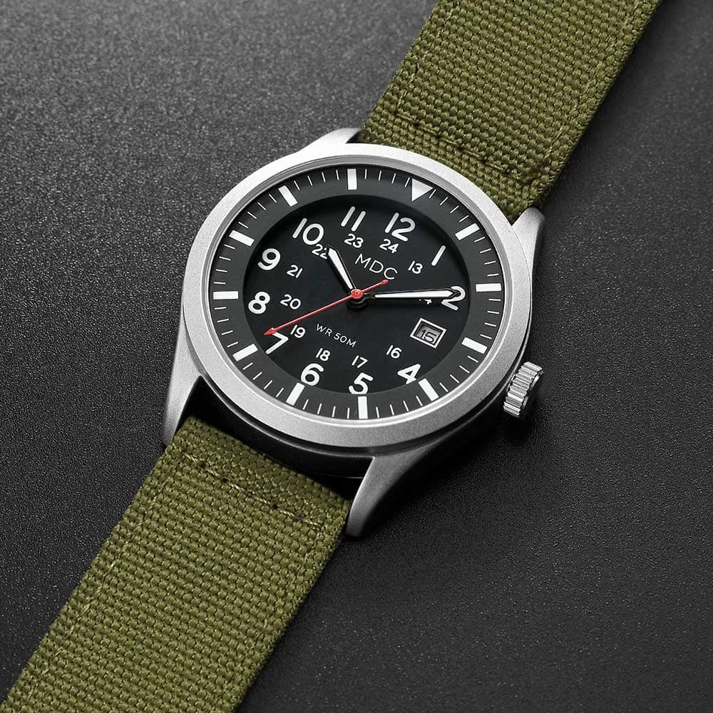 Infantry Mens Military Field Watch 40mm (1.57in) | Green Nylon Band, Easy Read Large Face, Japanese Quartz - view 5