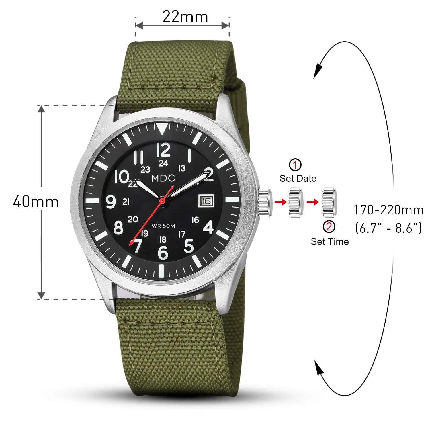 Infantry Mens Military Field Watch 40mm (1.57in) | Green Nylon Band, Easy Read Large Face, Japanese Quartz - view 6
