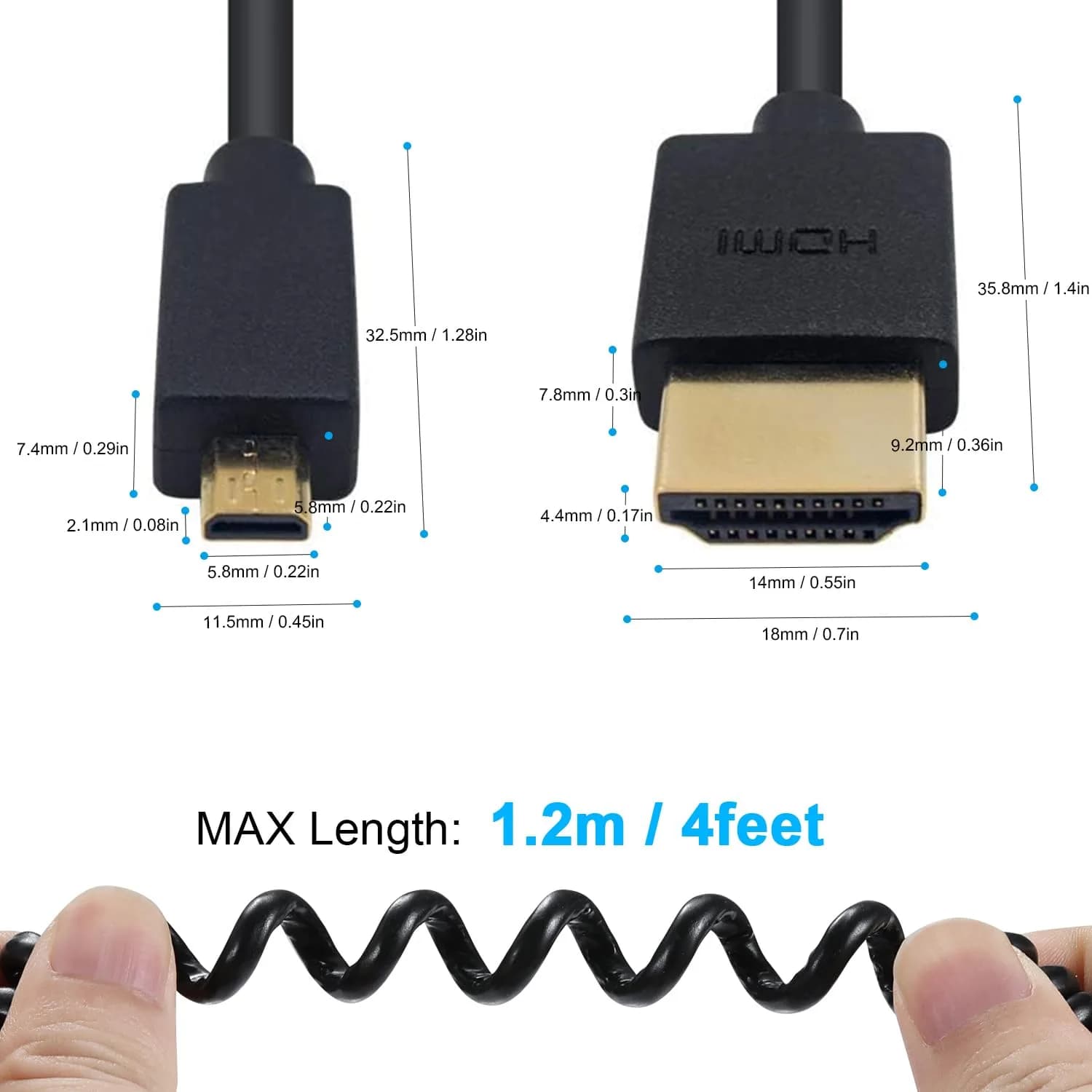 Duttek Micro HDMI to HDMI Coiled Cable 1.2m (4ft) | 4K@60Hz Ultra-Slim Adapter for Cameras, Raspberry Pi, GoPro - view 5