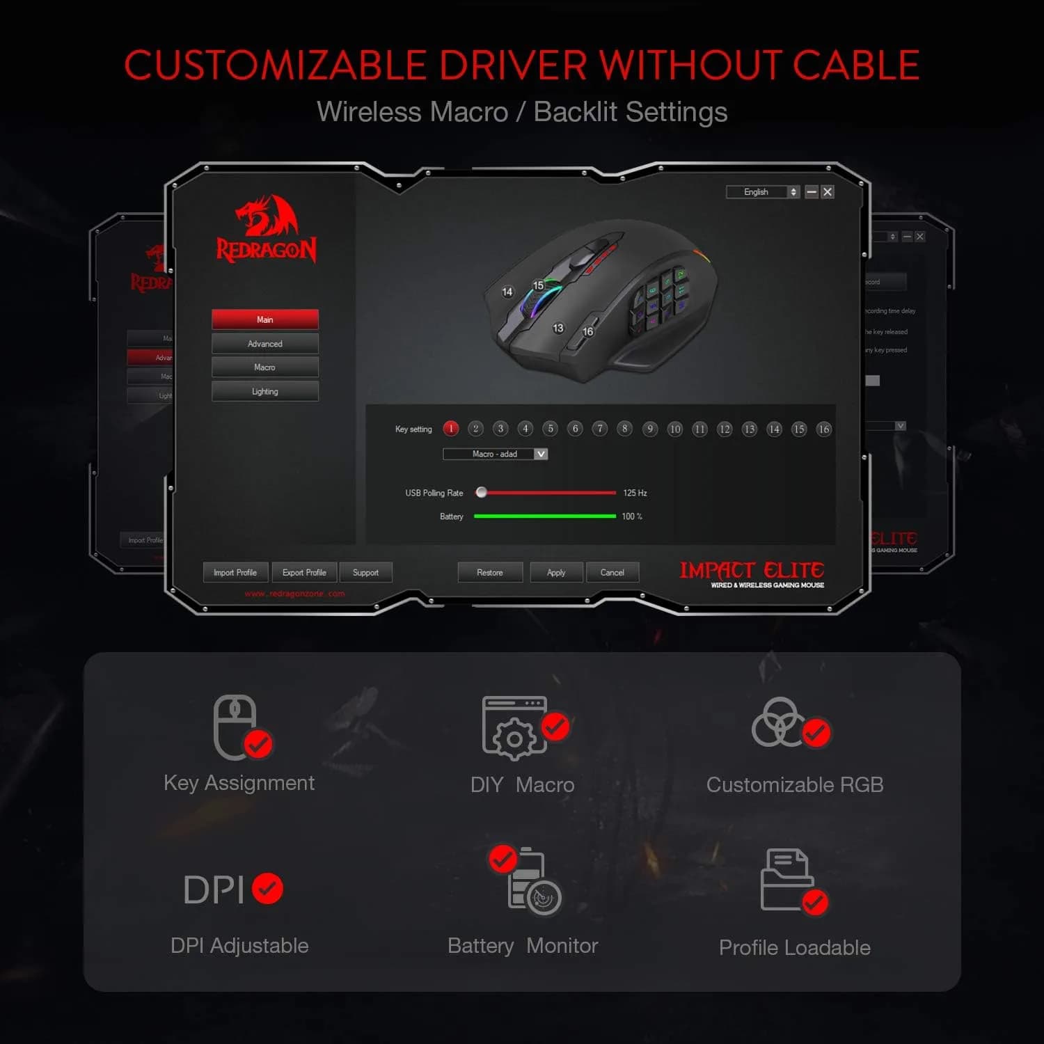 Redragon M913 Impact Elite Wireless RGB MMO Gaming Mouse 16000 DPI | 16 Programmable Buttons - view 4