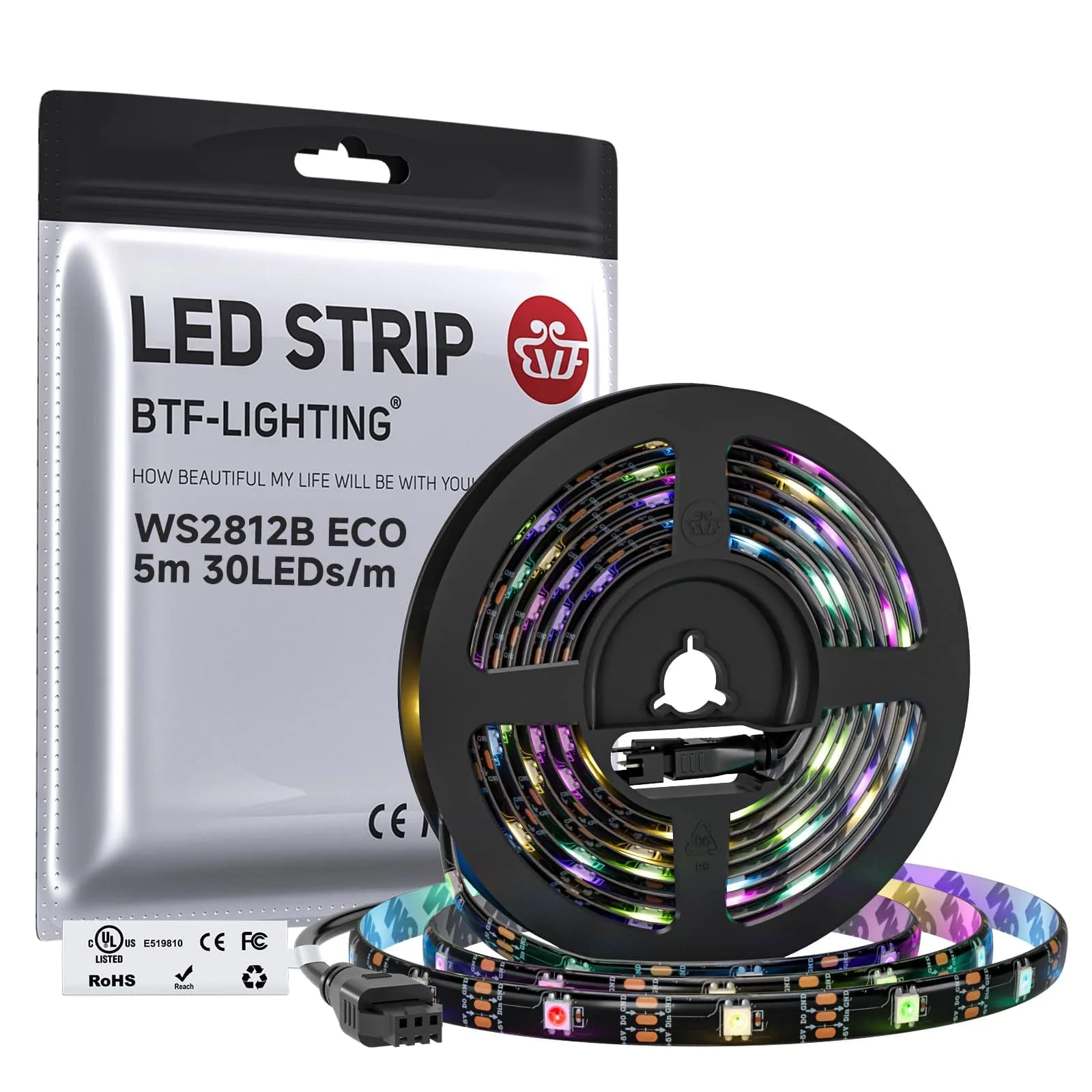 BTF-LIGHTING WS2812B IC RGB LED Strip 16.4FT 150LED IP65 | Individually Addressable, UL Listed, DC5V - main product image