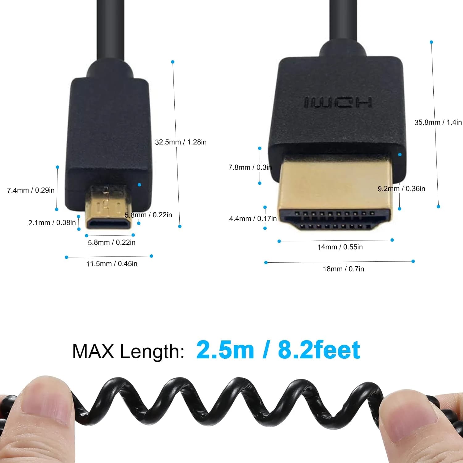 Duttek 4K Micro HDMI to HDMI Coiled Cable 2.5m (8ft) | Supports 4K@60Hz, HDR, ARC - view 2