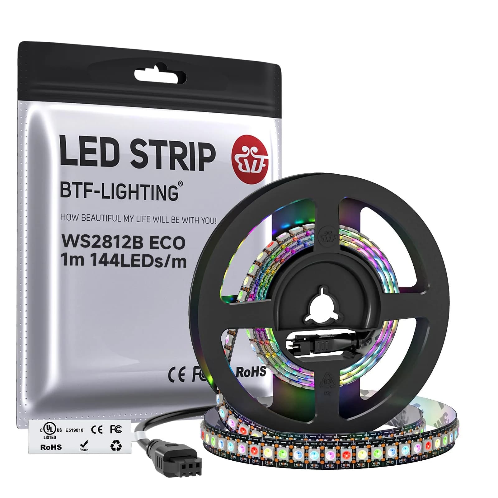 BTF-LIGHTING WS2812B IC RGB LED Strip 3.2FT 144LED IP30 | Individually Addressable & UL Listed