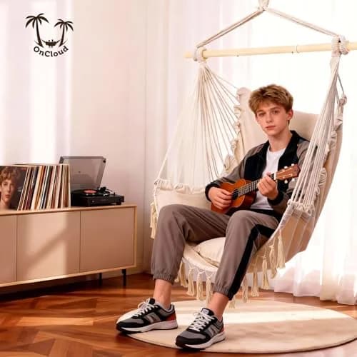 ONCLOUD XXL Hammock Chair Macrame Hanging Rope Swing Seat | 350 lbs Capacity, Beige thumbnail 8