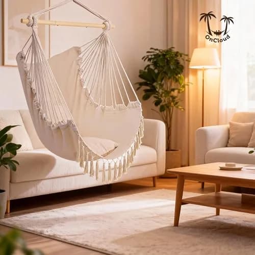ONCLOUD XXL Hammock Chair Macrame Hanging Rope Swing Seat | 350 lbs Capacity, Beige thumbnail 9