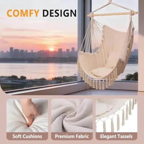 ONCLOUD XXL Hammock Chair Macrame Hanging Rope Swing Seat | 350 lbs Capacity, Beige thumbnail 2