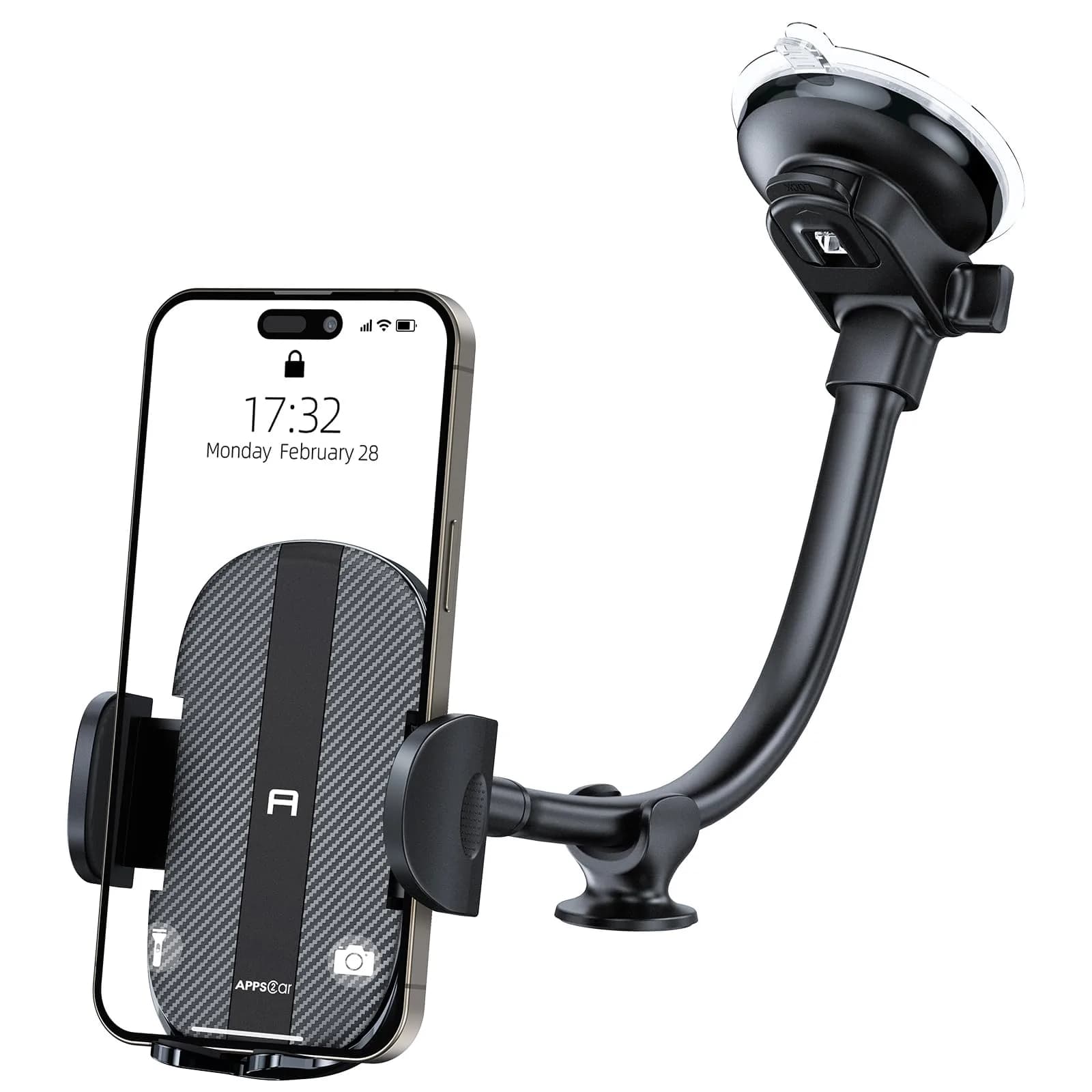 APPS2Car Gooseneck Car Phone Holder Dashboard Windshield Mount Flexible Arm with 360° Swivel Tilt Cradle Grip | 10.4cm (4.1in) Max Width — Black