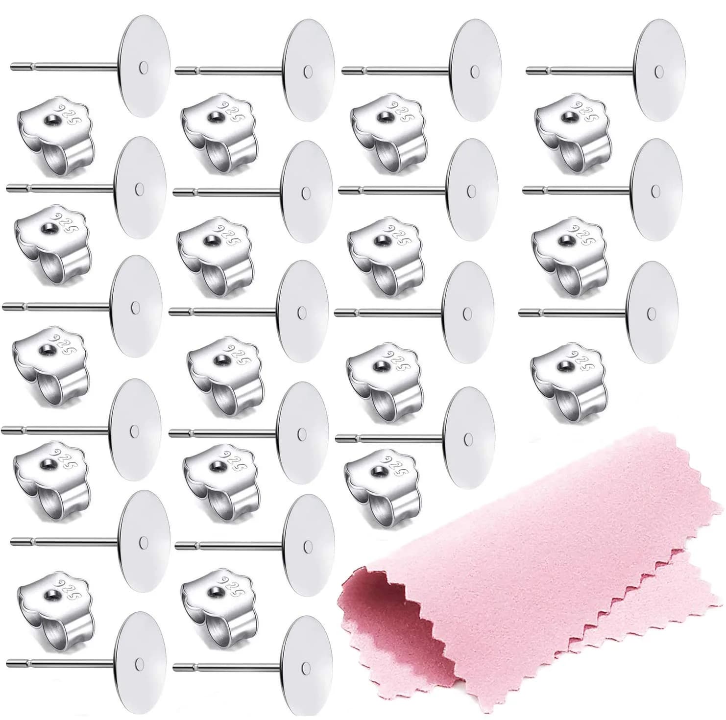 Moonear 925 Sterling Silver Earrings Posts Flat Pad Earring Studs with Butterfly Backs (6mm Pad, 25 Pairs) — silver