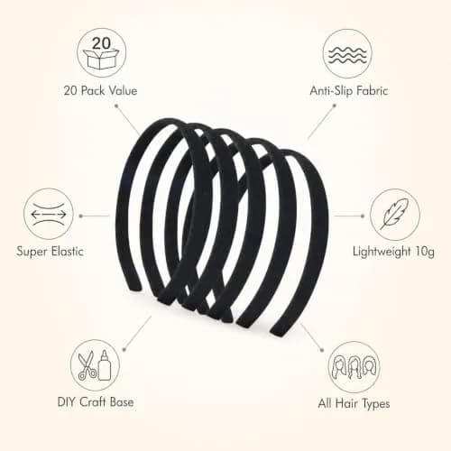 Lawie 20 Pack 0.6 Inch Black Cloth Headbands | Unisex Thin Plastic Hair Hoop for Women Girls thumbnail 3