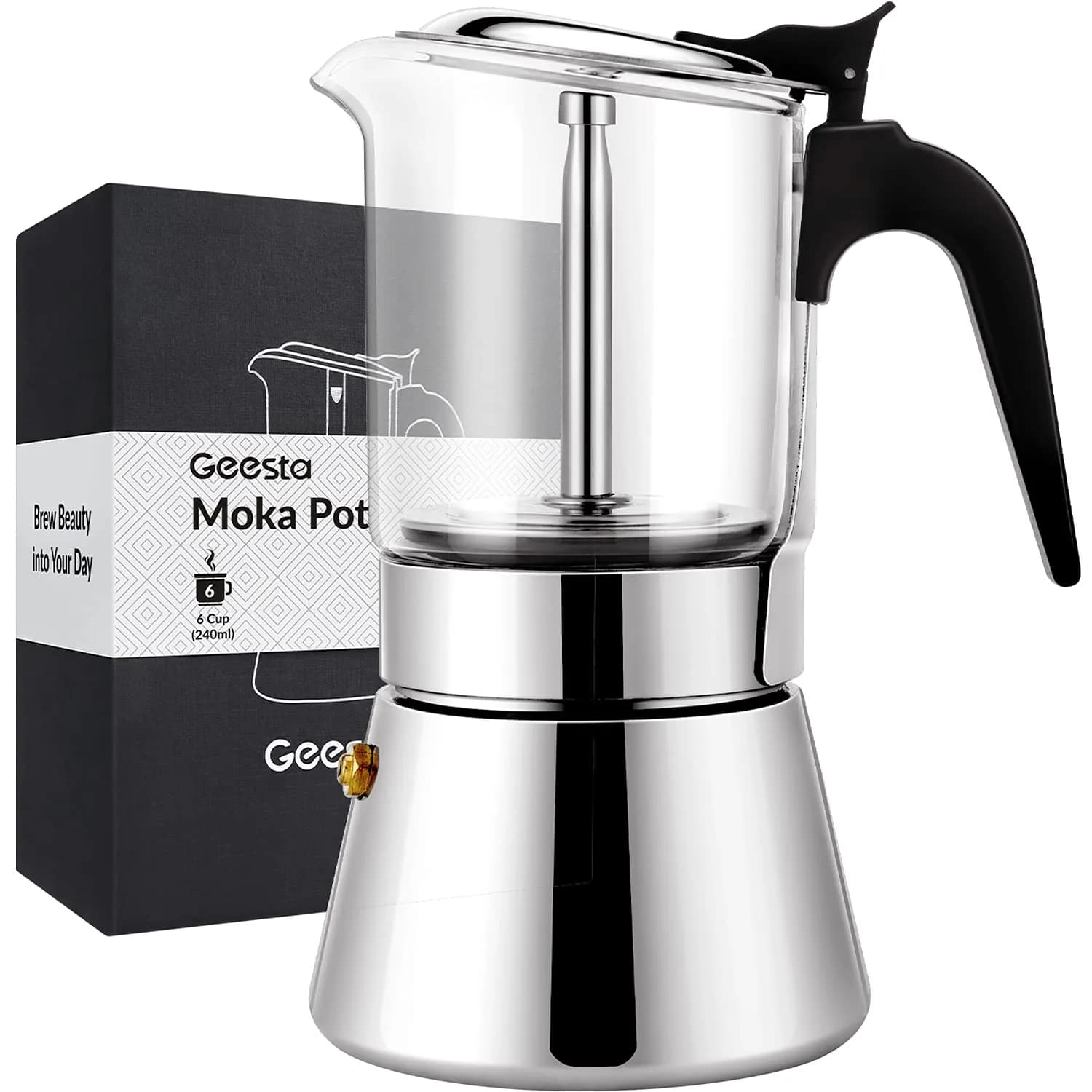 Geesta 6 Cup Stainless Steel Stovetop Espresso Moka Pot | 240ml (8.5oz) for Rich Coffee — 6 Cup