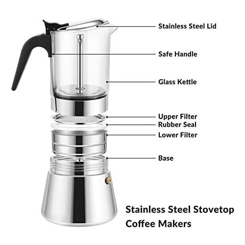 Geesta 6 Cup Stainless Steel Stovetop Espresso Moka Pot | 240ml (8.5oz) for Rich Coffee thumbnail 3