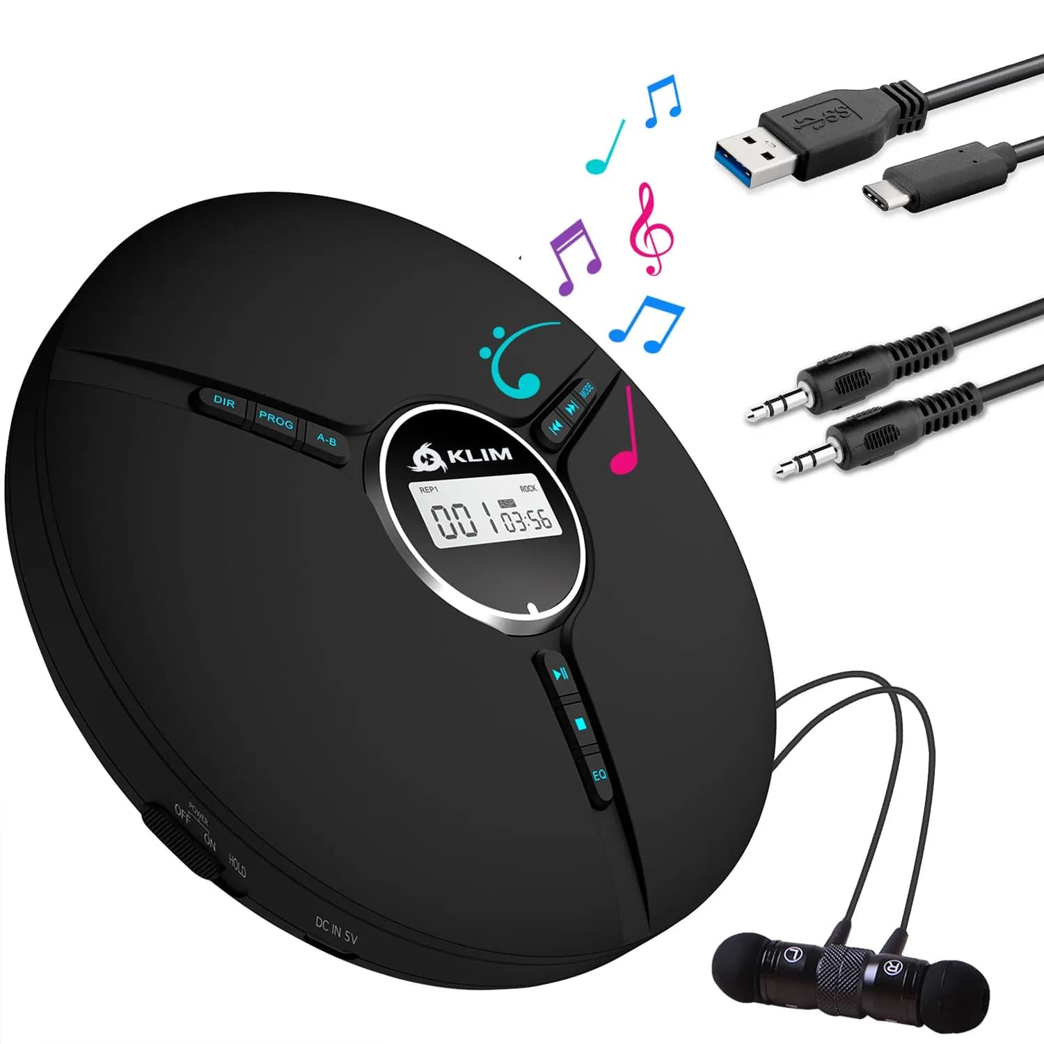 KLIM Discman Portable CD Player with Headphones, Built-in Battery, Pink | Anti-Skip Protection — Black