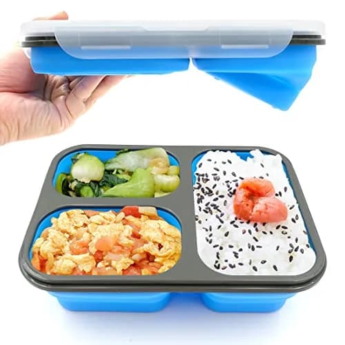 fancyfree Collapsible Silicone Benton Container, Leakproof Lunch Box with 3 Compartments, BPA Free Food Storage (Blue) | Space-Saving & Safe thumbnail 1