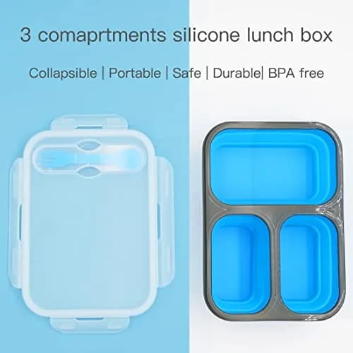 fancyfree Collapsible Silicone Benton Container, Leakproof Lunch Box with 3 Compartments, BPA Free Food Storage (Blue) | Space-Saving & Safe thumbnail 5